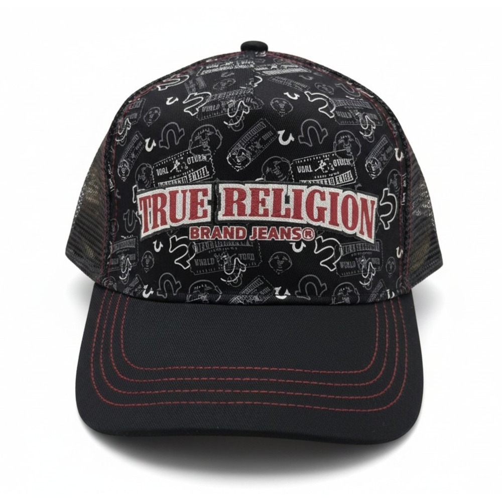 True Religion Mens Black Horseshoe Logo Print Mesh Trucker Snapback Hat NEW